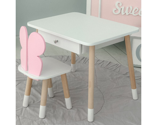 Стол прямоугольный с выдвижным ящиком 46х60х45 и стул бабочка 26.5х26х25, столик и стульчик для девчачьей комнаты, розовый с белым