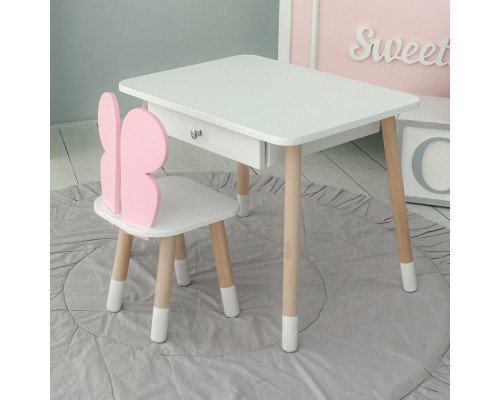 Стол прямоугольный с выдвижным ящиком 46х60х45 и стул бабочка 26.5х26х25, столик и стульчик для девчачьей комнаты, розовый с белым