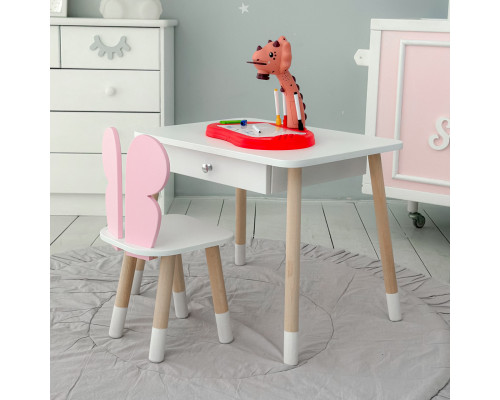 Стол прямоугольный с выдвижным ящиком 46х60х45 и стул бабочка 26.5х26х25, столик и стульчик для девчачьей комнаты, розовый с белым