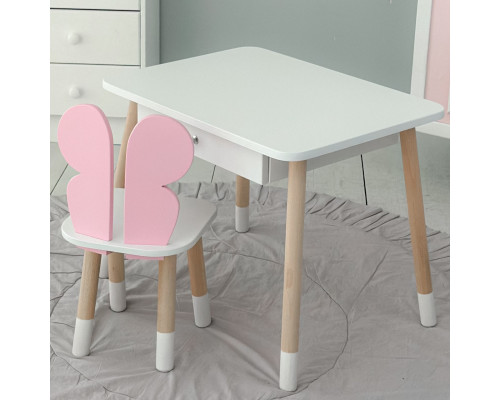 Стол прямоугольный с выдвижным ящиком 46х60х45 и стул бабочка 26.5х26х25, столик и стульчик для девчачьей комнаты, розовый с белым