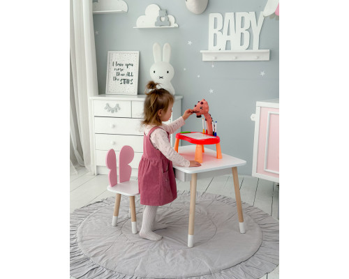 Стол прямоугольный с выдвижным ящиком 46х60х45 и стул бабочка 26.5х26х25, столик и стульчик для девчачьей комнаты, розовый с белым