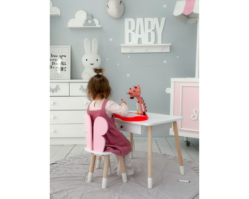 Стол прямоугольный с выдвижным ящиком 46х60х45 и стул бабочка 26.5х26х25, столик и стульчик для девчачьей комнаты, розовый с белым