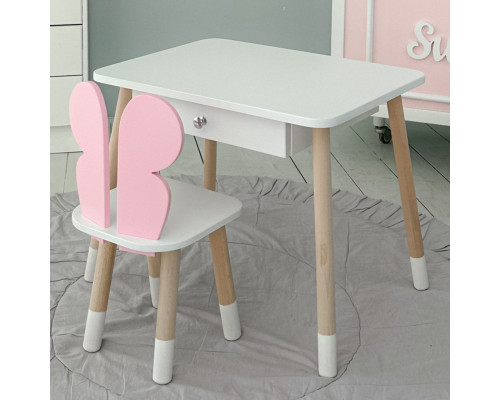Стол прямоугольный с выдвижным ящиком 46х60х45 и стул бабочка 26.5х26х25, столик и стульчик для девчачьей комнаты, розовый с белым
