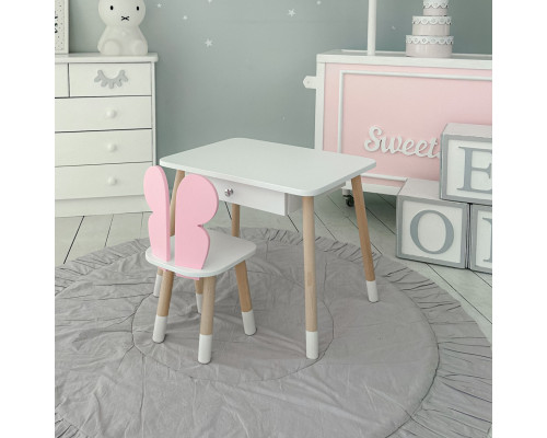 Стол прямоугольный с выдвижным ящиком 46х60х45 и стул бабочка 26.5х26х25, столик и стульчик для девчачьей комнаты, розовый с белым