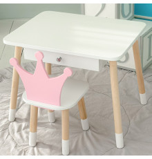 Детский столик белый и стульчик корона бело- розовый. Столик с ящиком для карандашей и разукрашек 56787