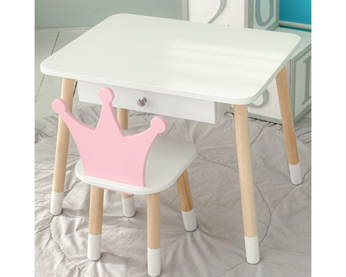 Детский столик белый и стульчик корона бело- розовый. Столик с ящиком для карандашей и разукрашек 56787