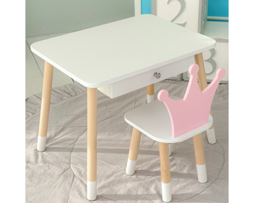 Детский столик белый и стульчик корона бело- розовый. Столик с ящиком для карандашей и разукрашек 56787