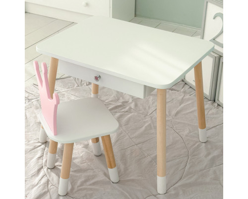 Детский столик белый и стульчик корона бело- розовый. Столик с ящиком для карандашей и разукрашек 56787