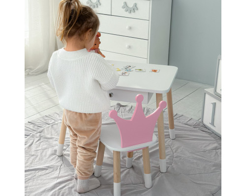 Детский столик белый и стульчик корона бело- розовый. Столик с ящиком для карандашей и разукрашек 56787