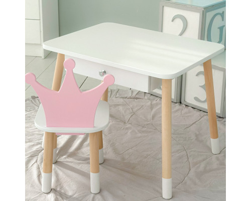 Детский столик белый и стульчик корона бело- розовый. Столик с ящиком для карандашей и разукрашек 56787