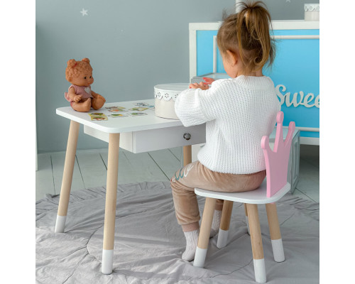Детский столик белый и стульчик корона бело- розовый. Столик с ящиком для карандашей и разукрашек 56787