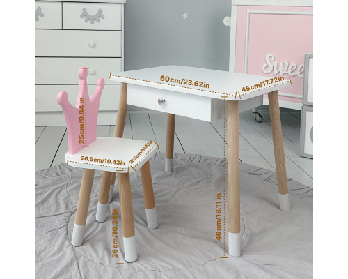 Детский столик белый и стульчик корона бело- розовый. Столик с ящиком для карандашей и разукрашек 56787