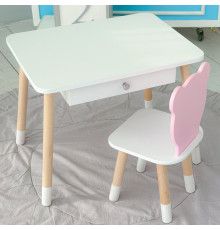 Стол прямоугольный с ящиком 46х60х45 и стул мордочка медвежонка 26.5х26х25, столик и стульчик для детской комнаты, белый с розовым