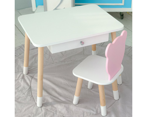 Стол прямоугольный с ящиком 46х60х45 и стул мордочка медвежонка 26.5х26х25, столик и стульчик для детской комнаты, белый с розовым