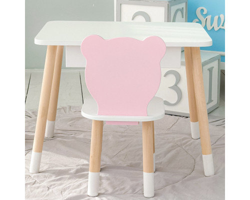 Стол прямоугольный с ящиком 46х60х45 и стул мордочка медвежонка 26.5х26х25, столик и стульчик для детской комнаты, белый с розовым