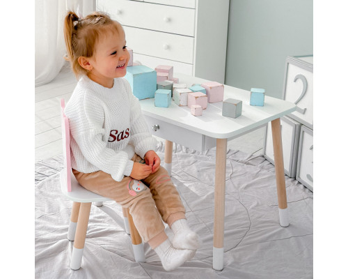 Стол прямоугольный с ящиком 46х60х45 и стул мордочка медвежонка 26.5х26х25, столик и стульчик для детской комнаты, белый с розовым