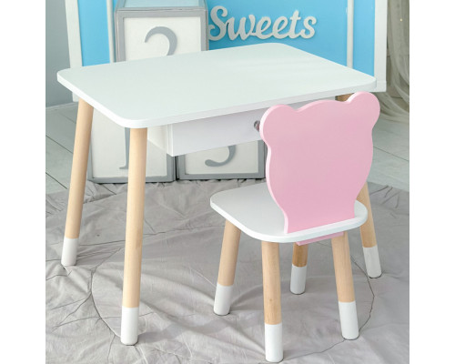 Стол прямоугольный с ящиком 46х60х45 и стул мордочка медвежонка 26.5х26х25, столик и стульчик для детской комнаты, белый с розовым