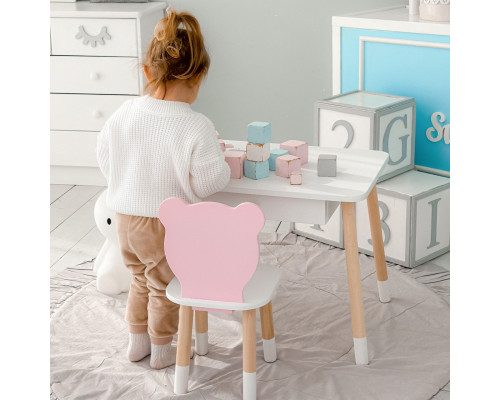 Стол прямоугольный с ящиком 46х60х45 и стул мордочка медвежонка 26.5х26х25, столик и стульчик для детской комнаты, белый с розовым