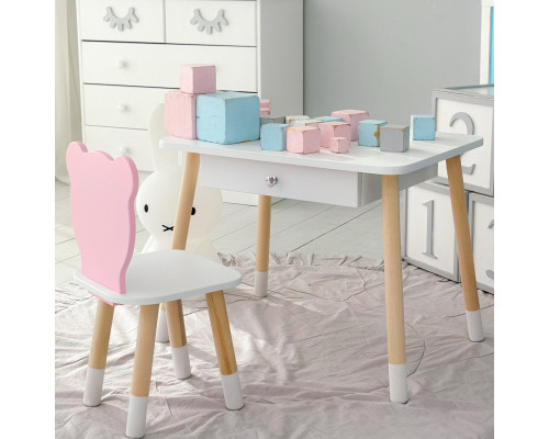 Стол прямоугольный с ящиком 46х60х45 и стул мордочка медвежонка 26.5х26х25, столик и стульчик для детской комнаты, белый с розовым