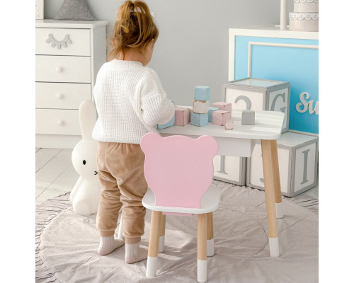 Стол прямоугольный с ящиком 46х60х45 и стул мордочка медвежонка 26.5х26х25, столик и стульчик для детской комнаты, белый с розовым