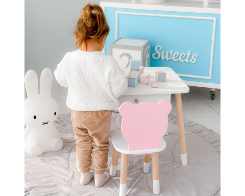 Стол прямоугольный с ящиком 46х60х45 и стул мордочка медвежонка 26.5х26х25, столик и стульчик для детской комнаты, белый с розовым