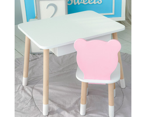 Стол прямоугольный с ящиком 46х60х45 и стул мордочка медвежонка 26.5х26х25, столик и стульчик для детской комнаты, белый с розовым