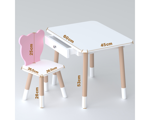 Стол прямоугольный с ящиком 46х60х45 и стул мордочка медвежонка 26.5х26х25, столик и стульчик для детской комнаты, белый с розовым