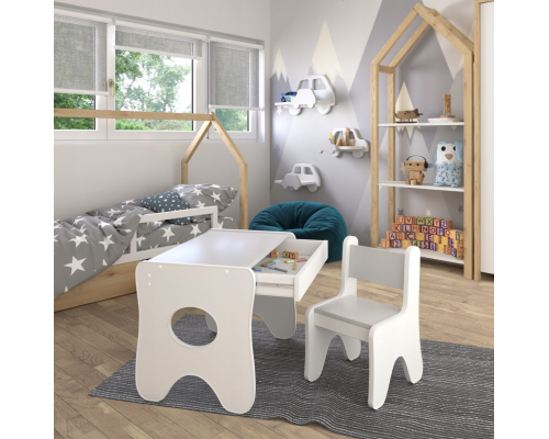 Столик и стульчик для ребенка 70×45×51, детский игральный стол и стул, белый с серым