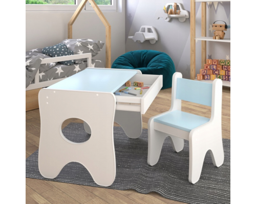 Набор детской мебели столик с ящиком и стульчик 70×45×51, стол и стул для детей, белый с голубым