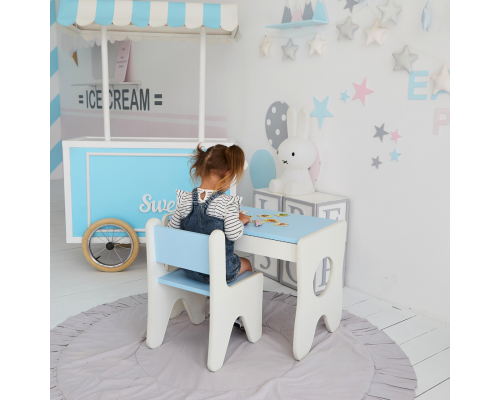 Набор детской мебели столик с ящиком и стульчик 70×45×51, стол и стул для детей, белый с голубым