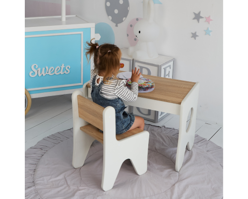 Удобный столик в детскую комнату 70×45×51, детский игральный стол с ящиком, белый с деревом