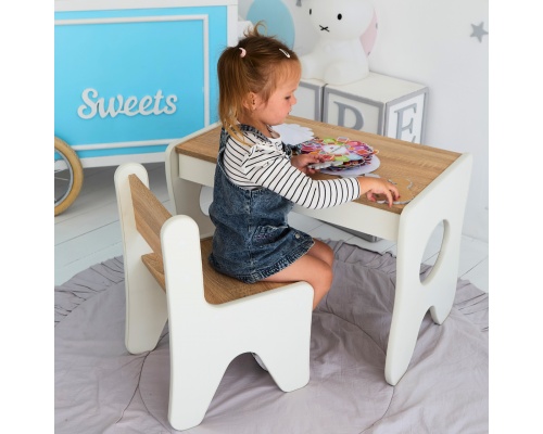 Удобный столик в детскую комнату 70×45×51, детский игральный стол с ящиком, белый с деревом
