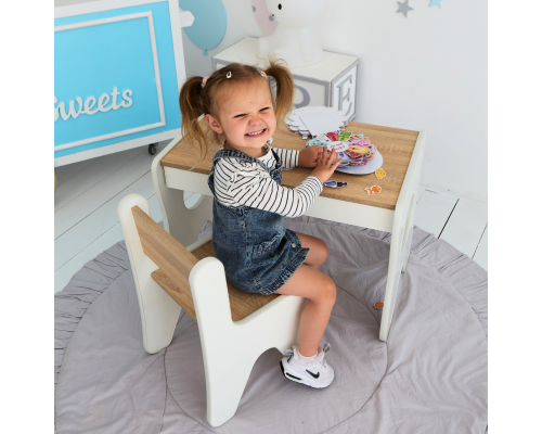 Удобный столик в детскую комнату 70×45×51, детский игральный стол с ящиком, белый с деревом