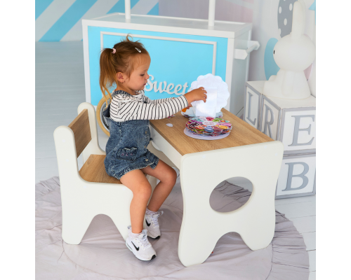 Удобный столик в детскую комнату 70×45×51, детский игральный стол с ящиком, белый с деревом