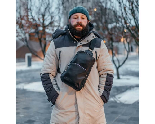 Чоловіча шкіряна сумка слінг Yozone гладкий чорий