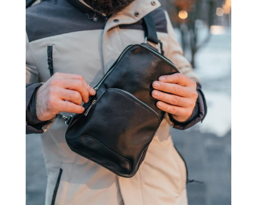 Чоловіча шкіряна сумка слінг Yozone гладкий чорий