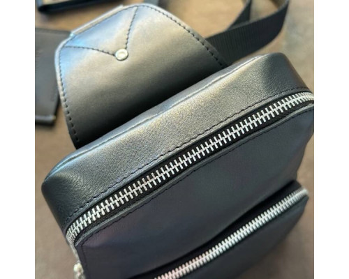 Чоловіча шкіряна сумка слінг Yozone гладкий чорий