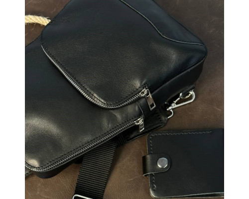 Чоловіча шкіряна сумка слінг Yozone гладкий чорий