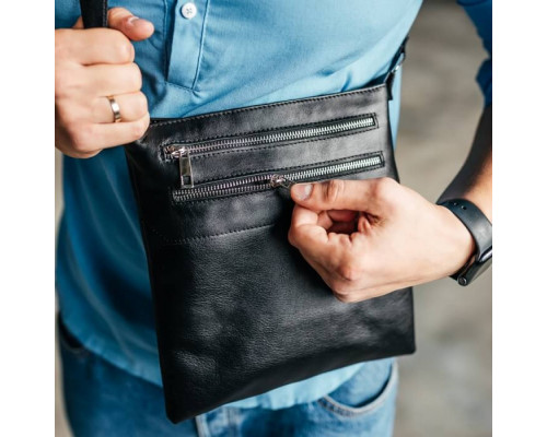 Чоловіча шкіряна сумка через плече чорна Double Up