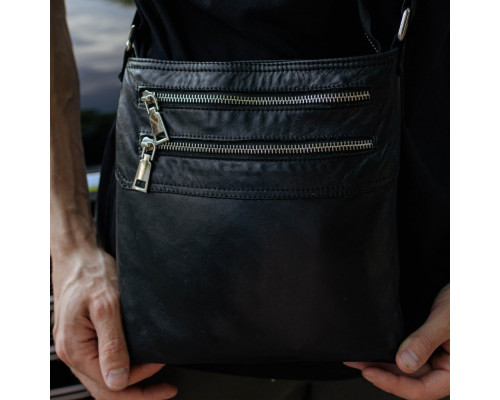 Чоловіча шкіряна сумка через плече чорна Double Up