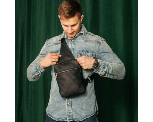 Чоловіча шкіряна чорна сумка через плече слінг Boston