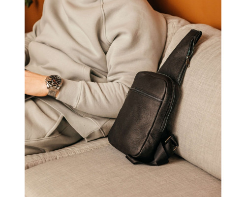 Чоловіча шкіряна чорна сумка через плече слінг Boston