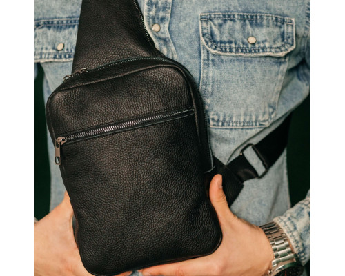 Чоловіча шкіряна чорна сумка через плече слінг Boston