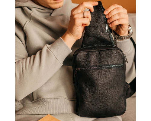 Чоловіча шкіряна чорна сумка через плече слінг Boston
