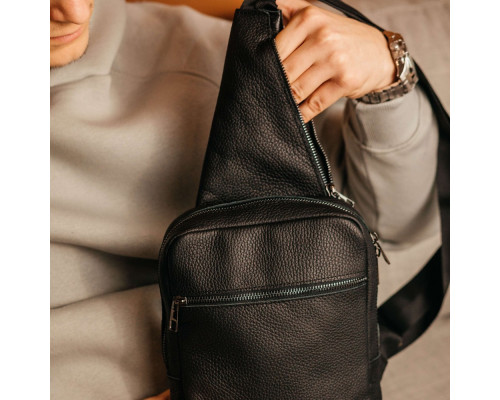 Чоловіча шкіряна чорна сумка через плече слінг Boston