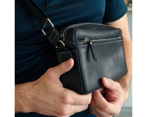 Мужская кожаная сумка через плечо New York черная white line