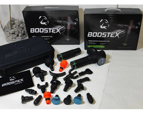 Ударный перкуссионный массажер Boostex PRO MAX – 30 режимов, 20 насадок, запасная батарея 2500 мАч, чехол (чёрный)