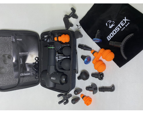 Новый ударный перкуссионный массажер с 30 режимами, 21 насадкой и батареей 2500mAh в комплекте с черным кейсом