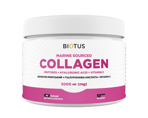 Колаген морський + гіалуронова кислота + вітамін С, Marine Sourced Collagen Peptides + Hyaluronic Acid + Vitamin C, Biotus, 5000 мг, 206 г