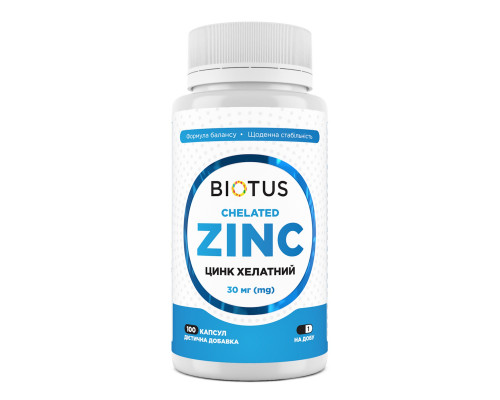 Цинк хелатний, Chelated Zinc, Biotus, 30 мг, 100 капсул